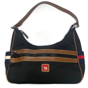 Tommy Hilfiger Shoulder Bag Black Navy Red  Canvas Faux Leather Trim Lightweight